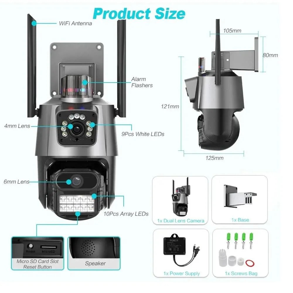 Cámara Seguridad Wifi Doble Lente Vision Nocturna Con Alarma