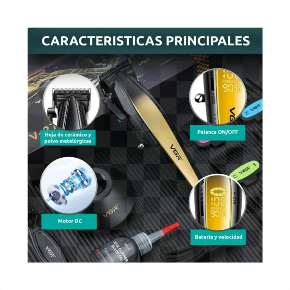Máquina Cortadora De Pelo Profesional VGR V-270 – Patillera Trimmer Inalámbrica Cuerpo Metálico Pantalla LED