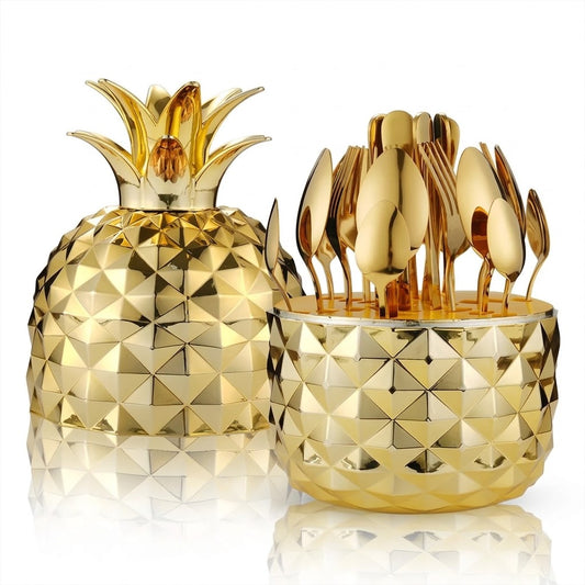 Juego De Cubiertos 24Pcs Acero Inoxidable Estuche Piña Color Oro