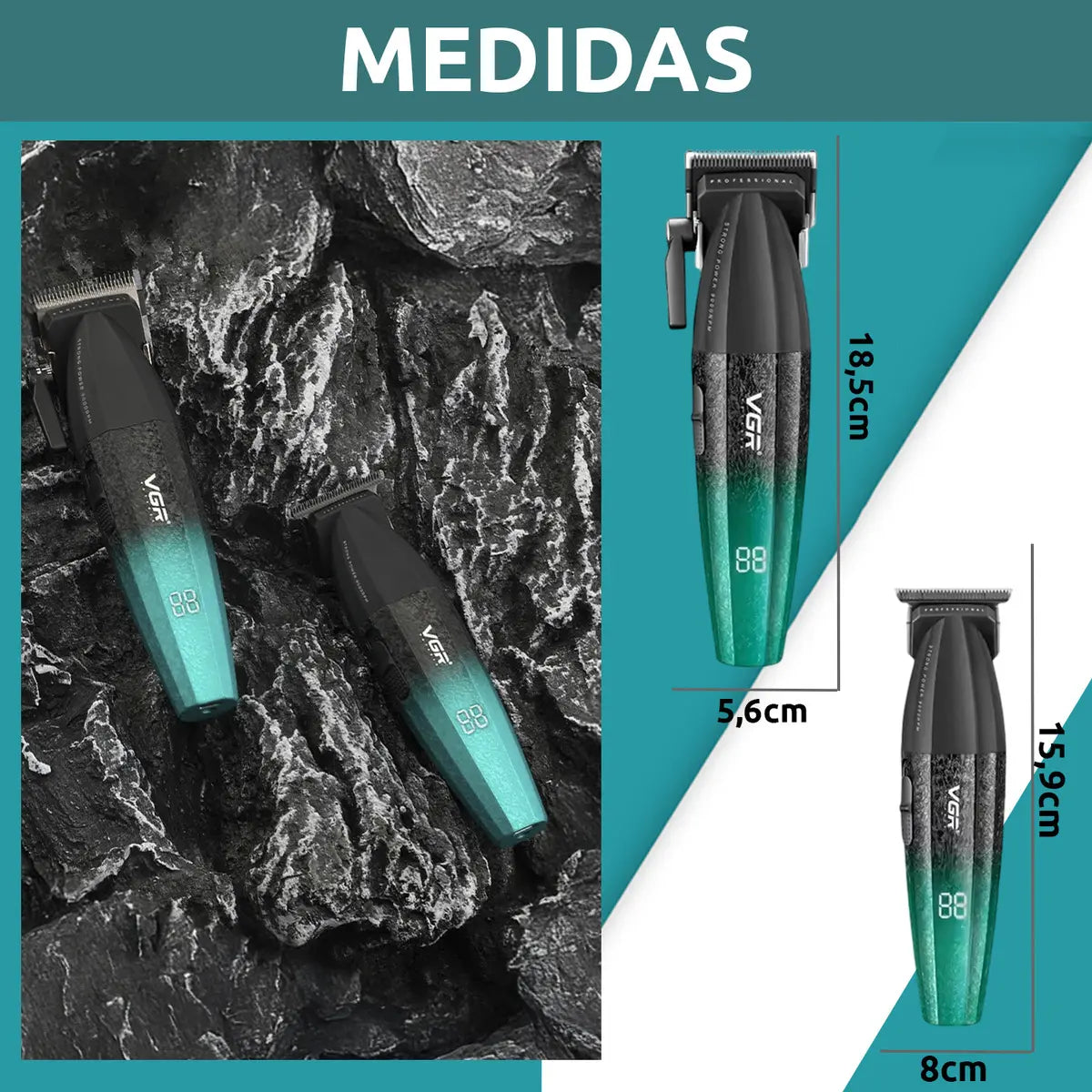 Kit Máquina Barbería Pro Clipper Trimmer Vgr V-640 S2 9000 Rpm Verde