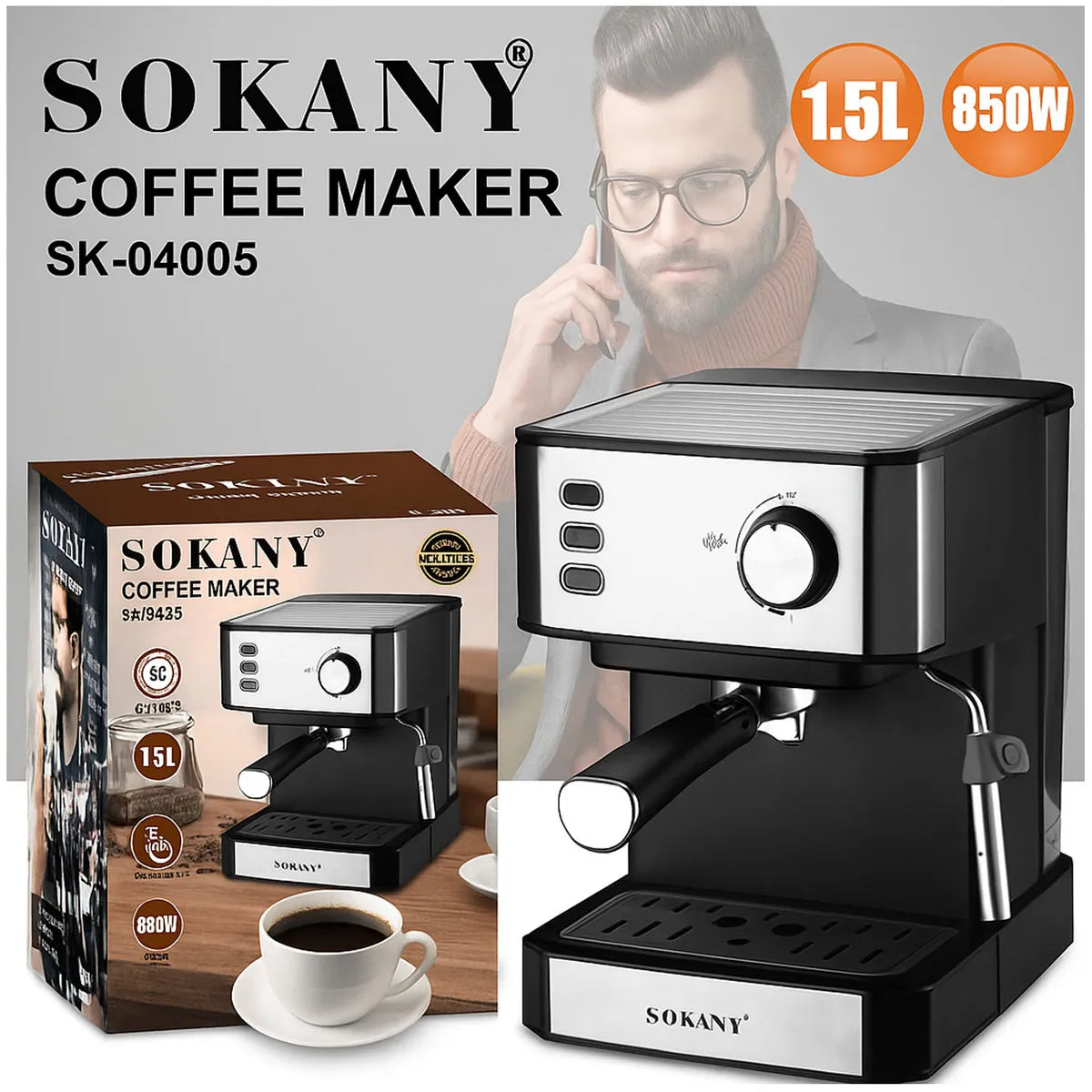 Cafetera Eléctrica Sokany para Café Espresso y Cappuccino – 15 Bares de Presión