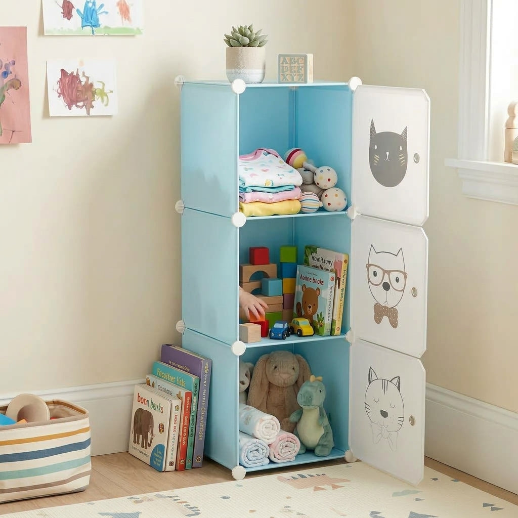 Armario Organizador Modular Infantil 3 Cubos Gatos Celeste