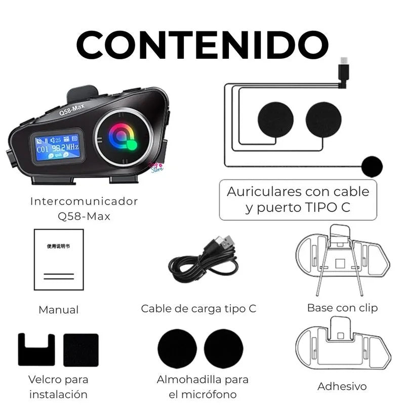 Intercomunicador Bluetooth Q58 Max Moto Auricular Casco Radio
