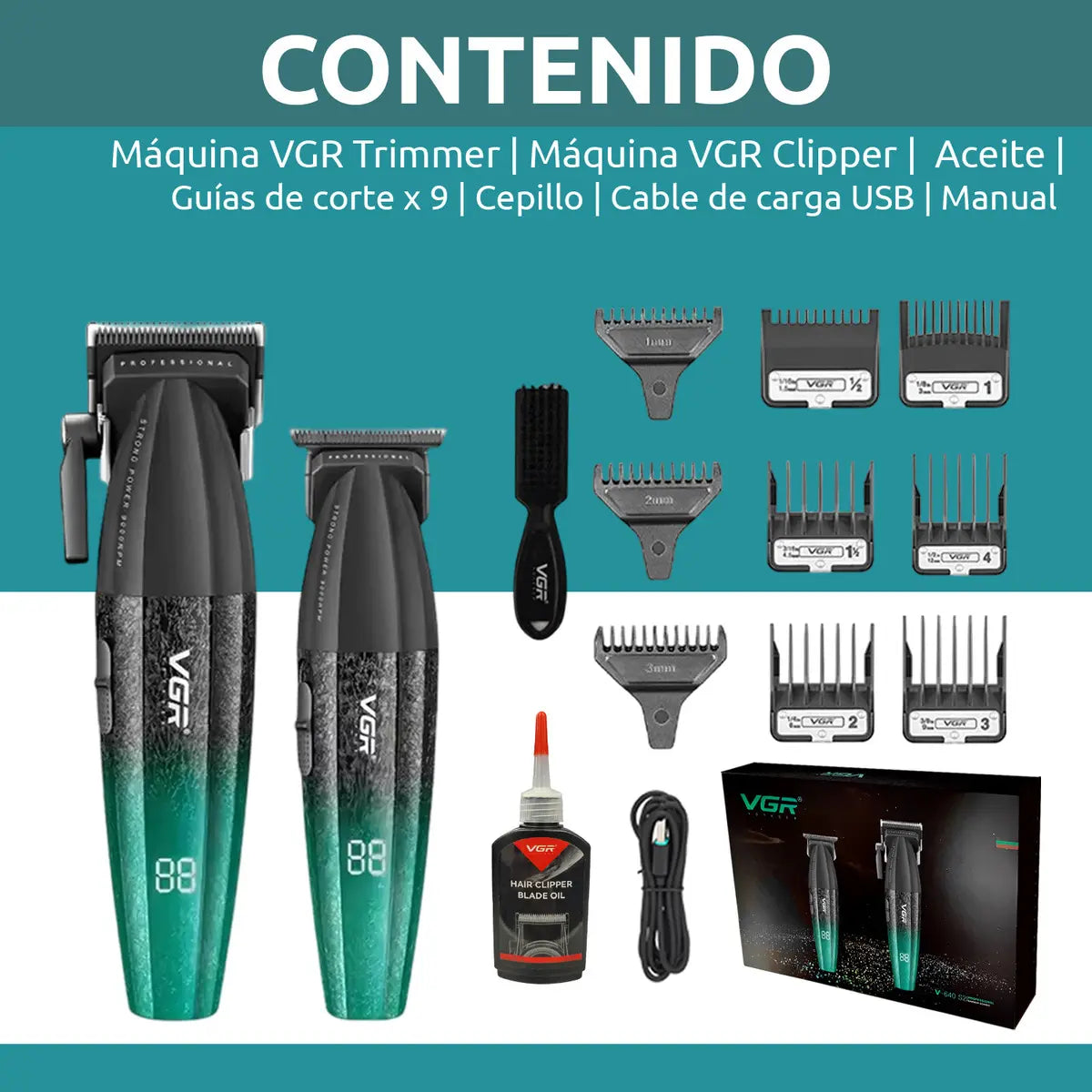 Kit Máquina Barbería Pro Clipper Trimmer Vgr V-640 S2 9000 Rpm Verde