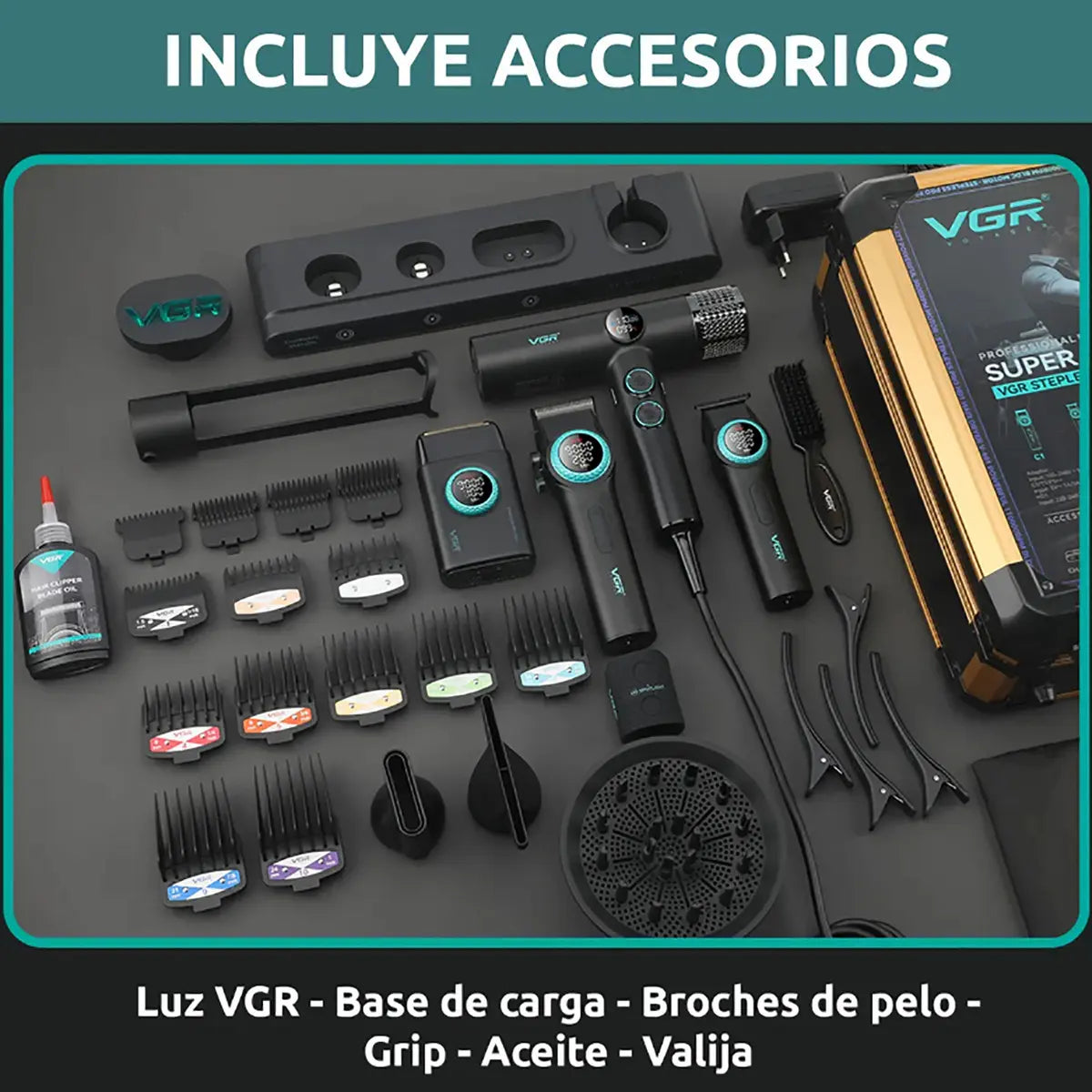 Combo De Barberia Multifuncional Profesional Maletin Vgr 4 En 1