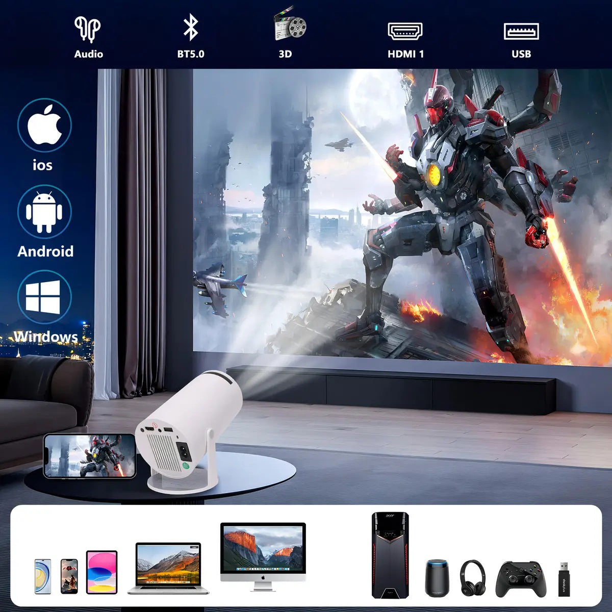 Proyector Inteligente HY-300 Plus Portátil 4K – Android 12 Full HD 1080p WiFi Bluetooth Incluye 2 Gamepads