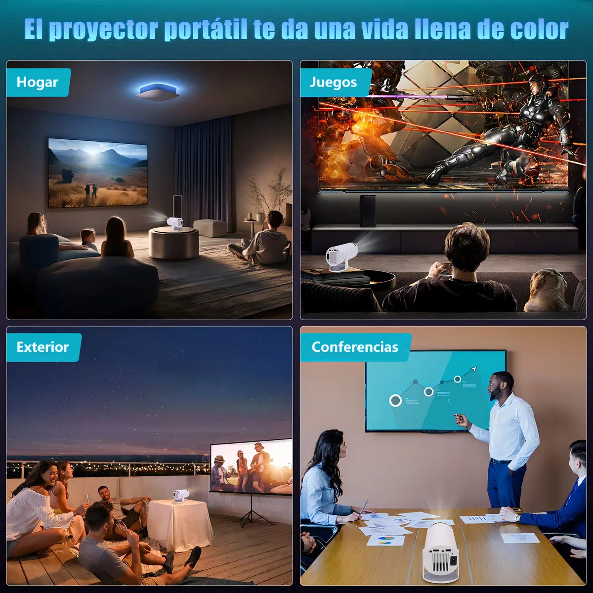 Proyector Inteligente HY-300 Plus Portátil 4K – Android 12 Full HD 1080p WiFi Bluetooth Incluye 2 Gamepads