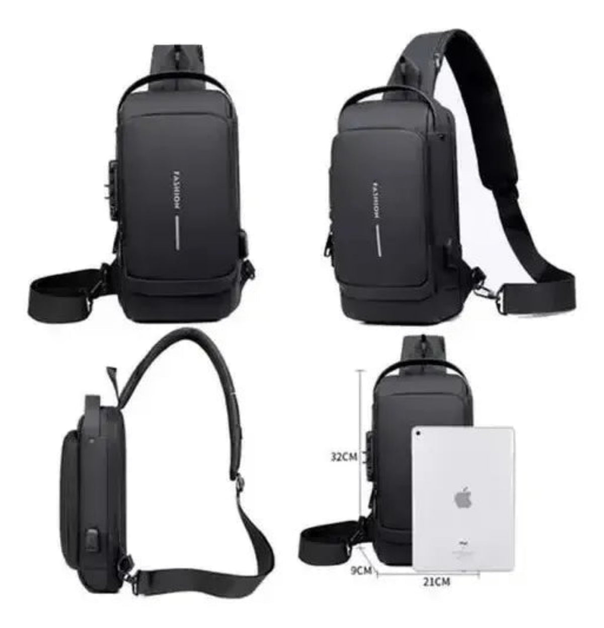 Cartera bandolera Fashion Manos Libres Con USB Canguro Antirrobo color negro