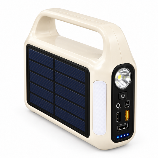 Power Bank Solar YM-1836 10.000 mAh Con Cables Integrados, Doble Linterna LED Y Manija