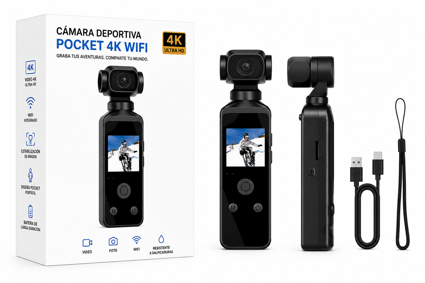 Cámara Deportiva Pocket 4K WiFi Recargable con Pantalla HD