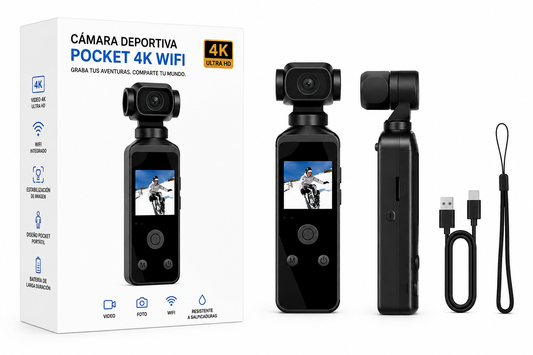Cámara Deportiva Pocket 4K WiFi Recargable con Pantalla HD