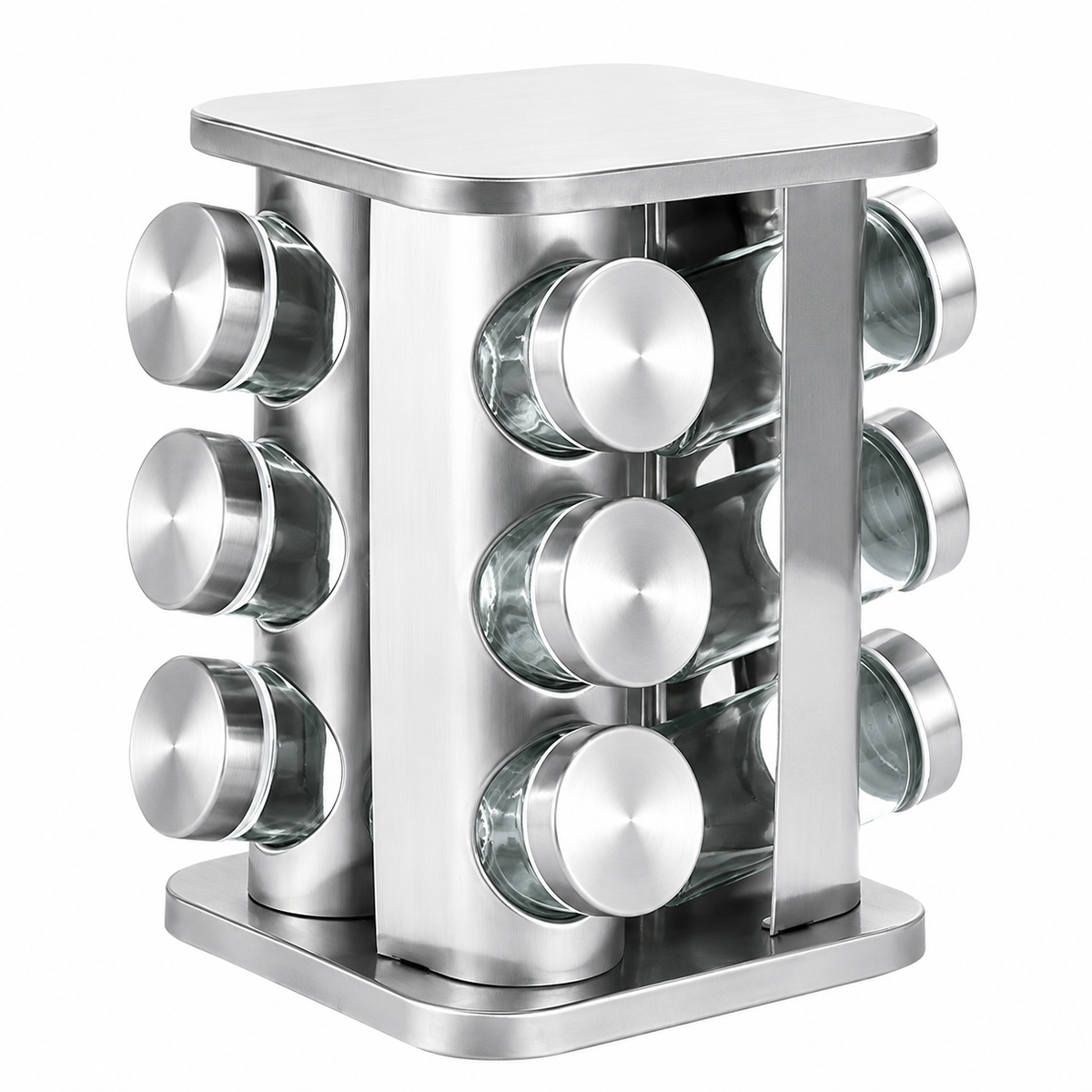 Condimentero de Acero Inoxidable Giratorio X12 – Especiero con 12 Frascos de Vidrio 360°