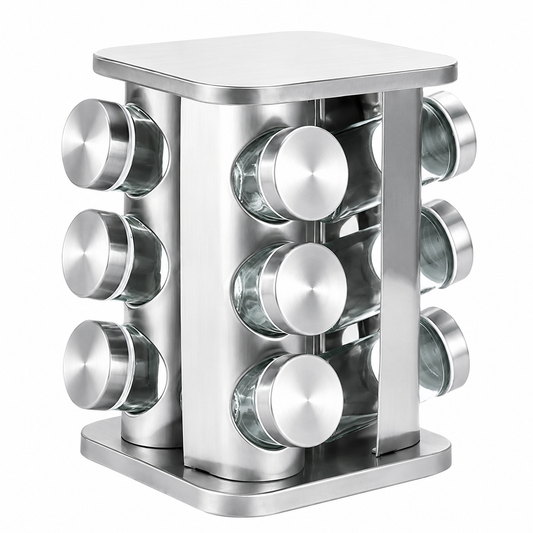 Condimentero de Acero Inoxidable Giratorio X12 – Especiero con 12 Frascos de Vidrio 360°