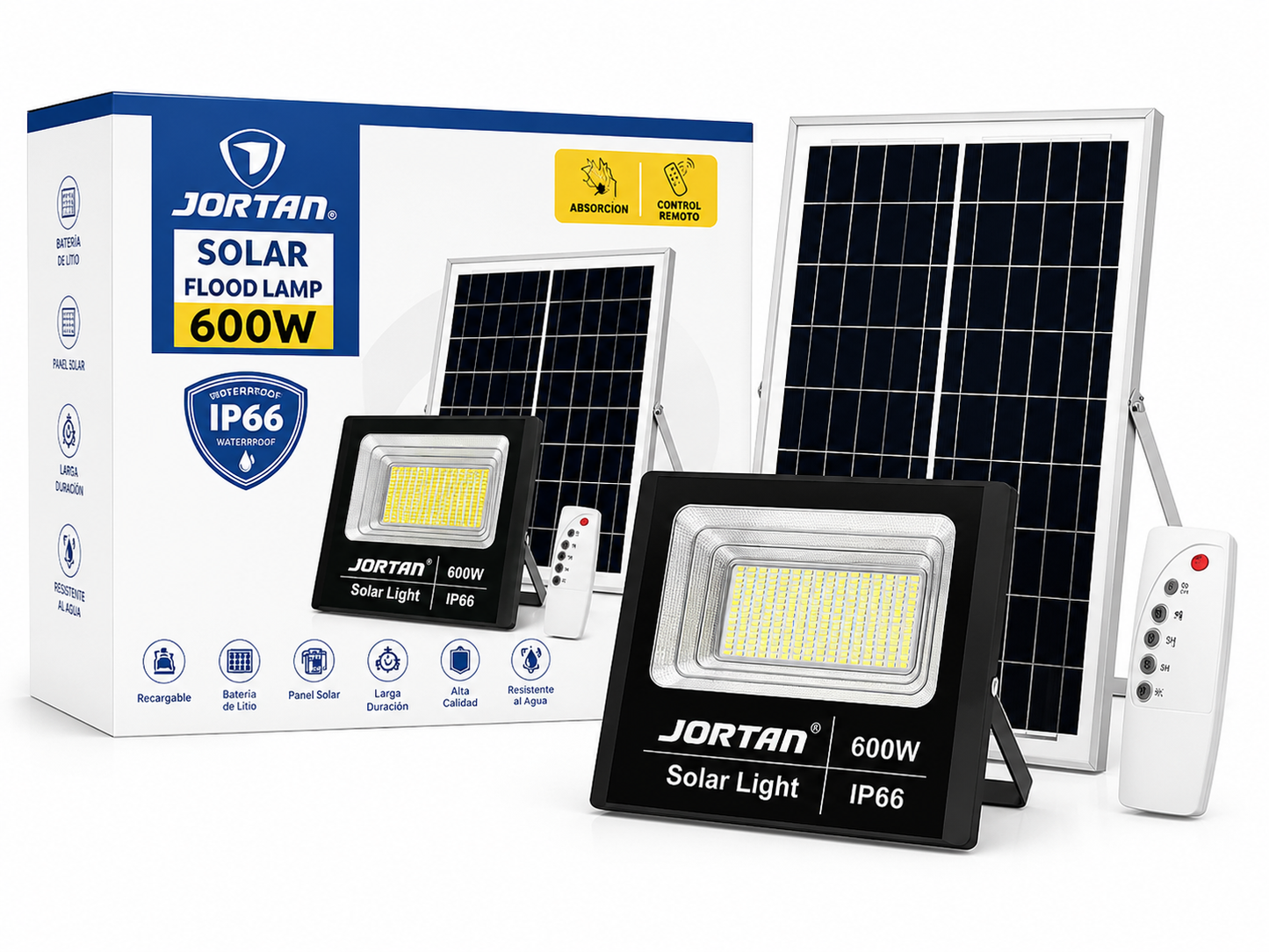 Reflector Solar LED JORTAN 600W con Panel Solar y Control Remoto IP66