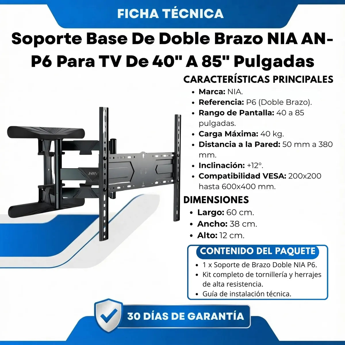 Soporte Base De Doble Brazo Nia An-p6 Para Tv De 40 A 85 P