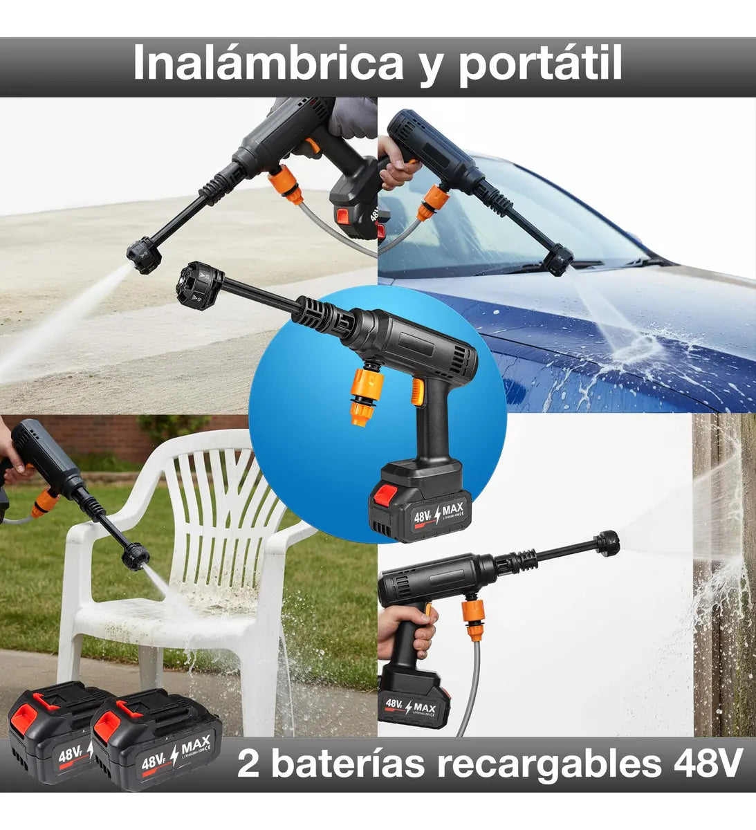 Hidrolavadora Portátil Inalámbrica 46V | Doble Batería | Boquilla 6 Chorros