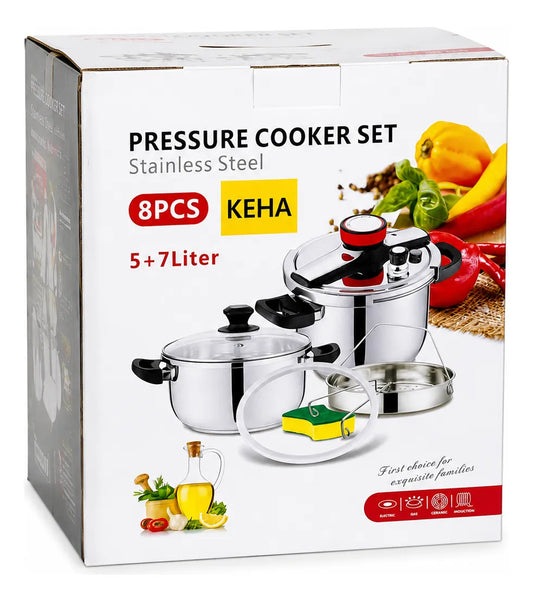Set Olla A Presión Keha 5 Y 7 Litros Acero Inoxidable 8 Pzs