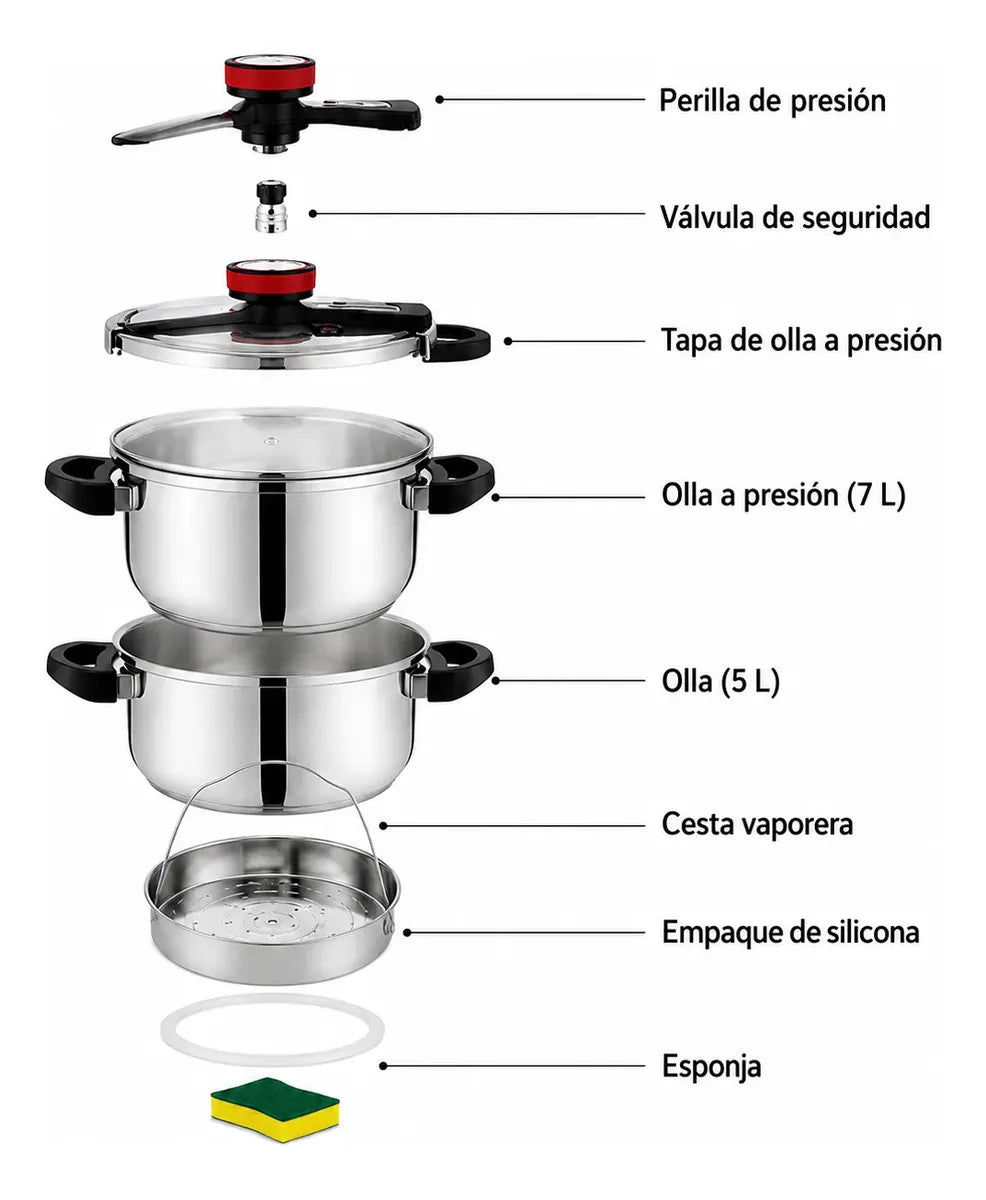 Set Olla A Presión Keha 5 Y 7 Litros Acero Inoxidable 8 Pzs