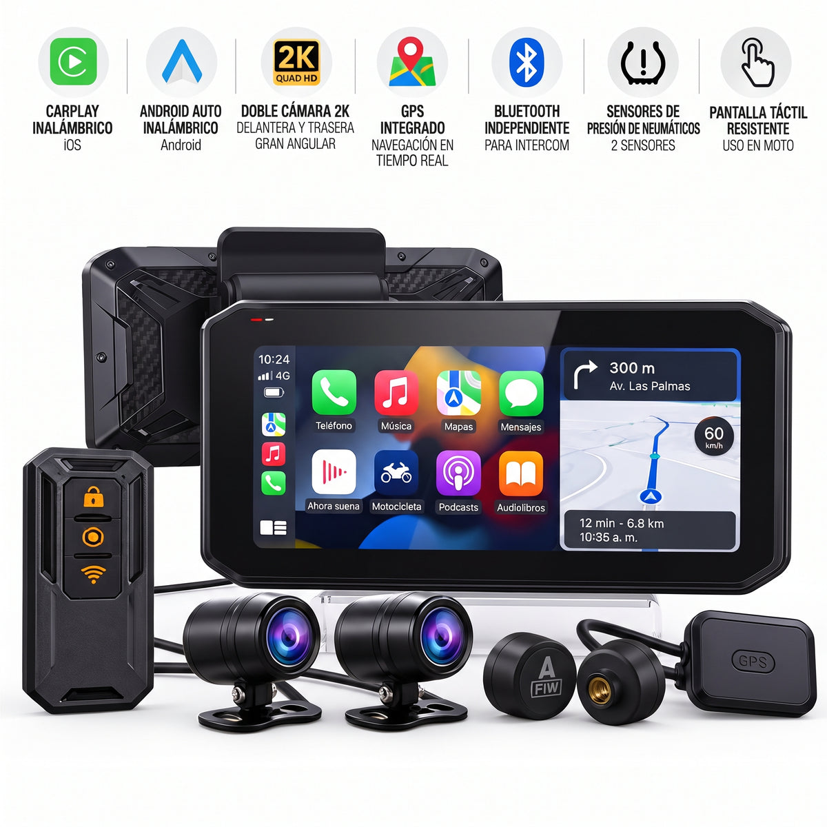 Pantalla CarPlay Para Moto Con Cámaras, GPS Y Sensores De Presión De Neumáticos