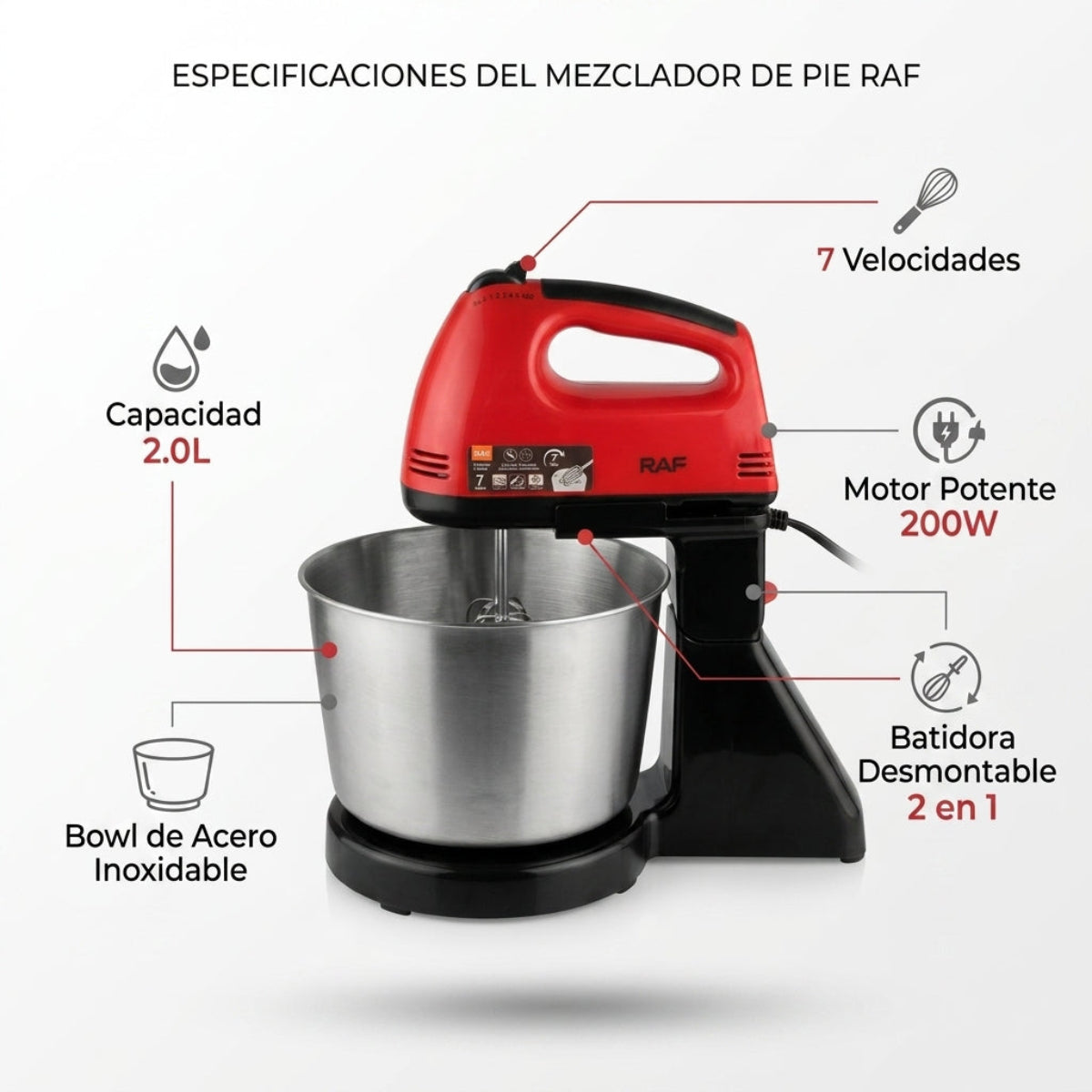 Batidora de Pedestal RAF 2 Litros 200W – Mezcladora Eléctrica para Repostería