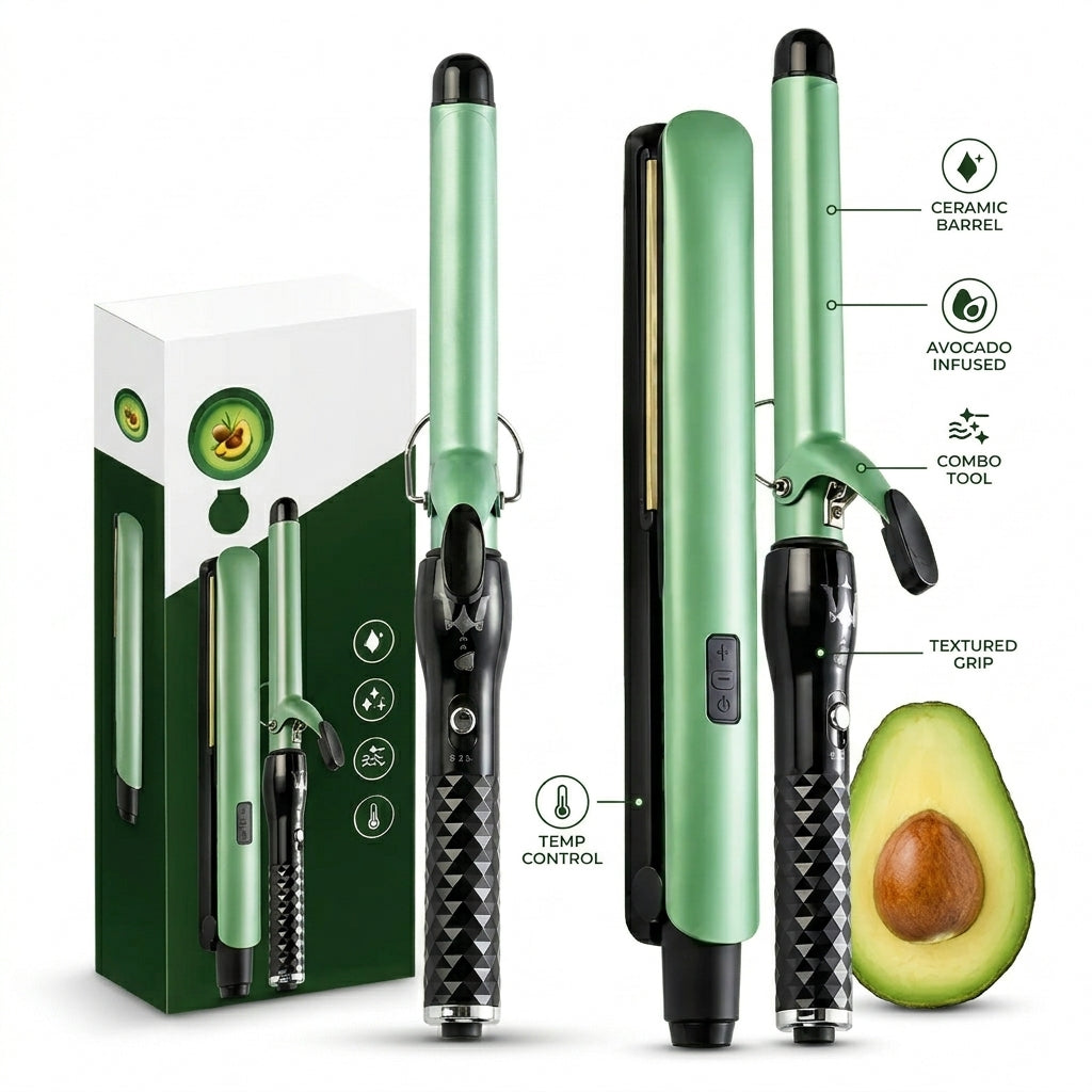 Combo Plancha Aguacate + Pinza Rizadora Para Alisar Y Crear Rizos