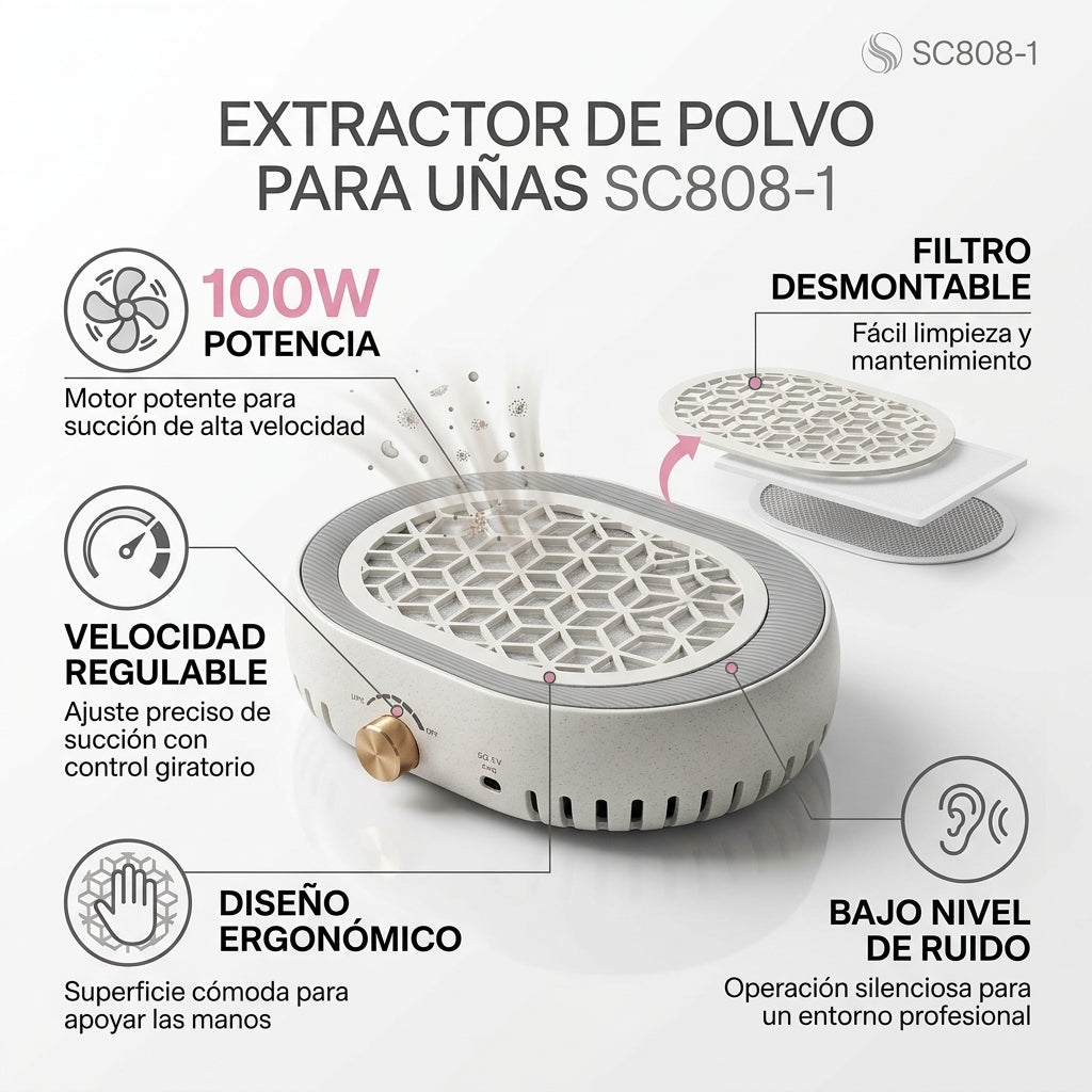 Extractor De Polvo Para Uñas Sc808-1 De 100W Con Velocidad Regulable