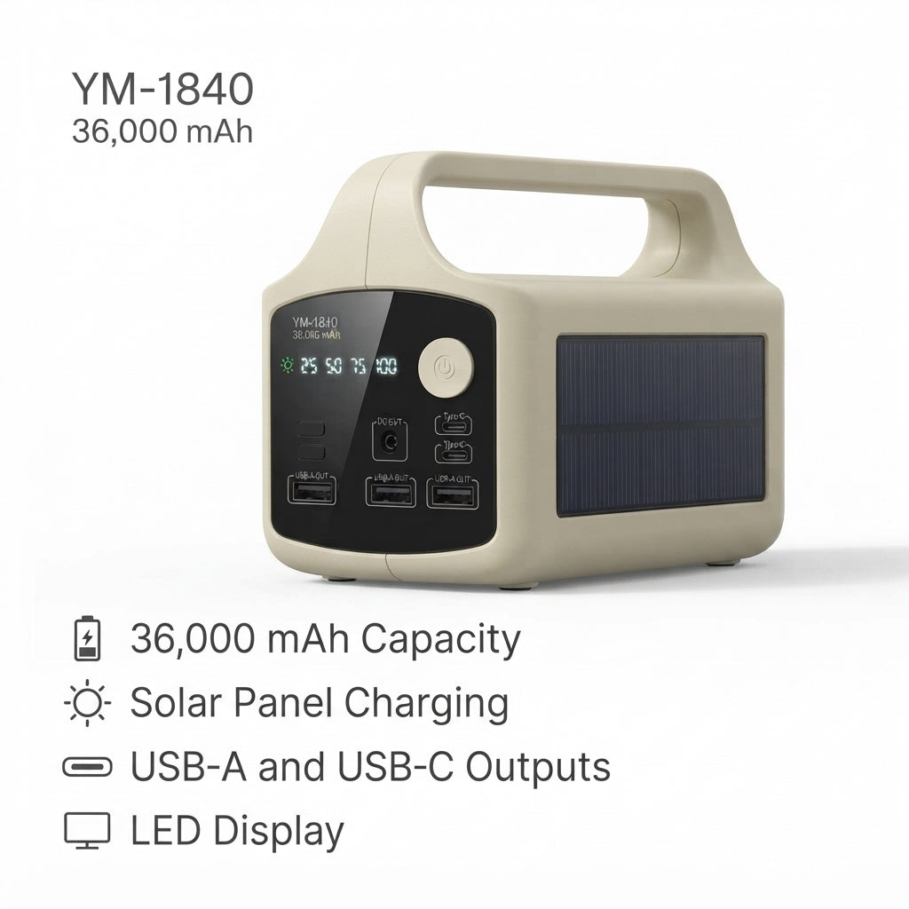 Power Bank Solar YM-1840 36.000 mAh Con Cables Integrados, Doble Linterna Y Salida 12V