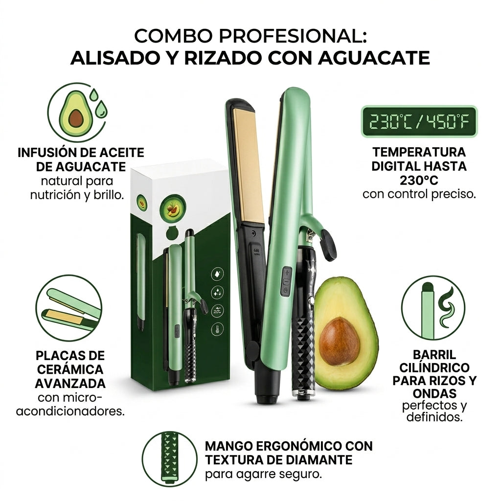 Combo Plancha Aguacate + Pinza Rizadora Para Alisar Y Crear Rizos