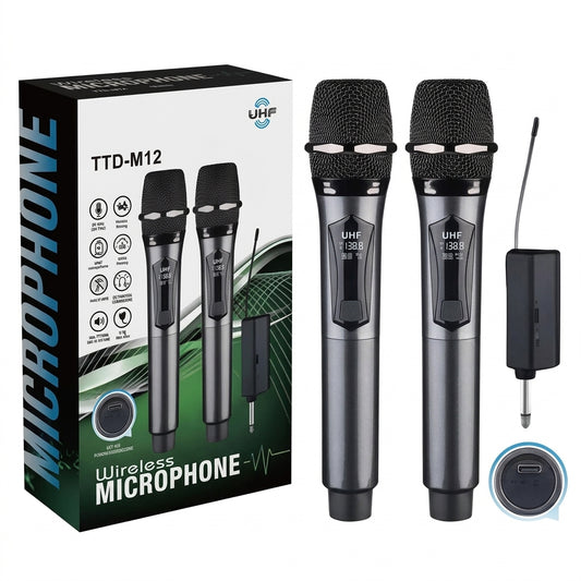 Micrófono Inalámbrico Doble M12 Profesional Recargable | Receptor USB, Karaoke y Eventos