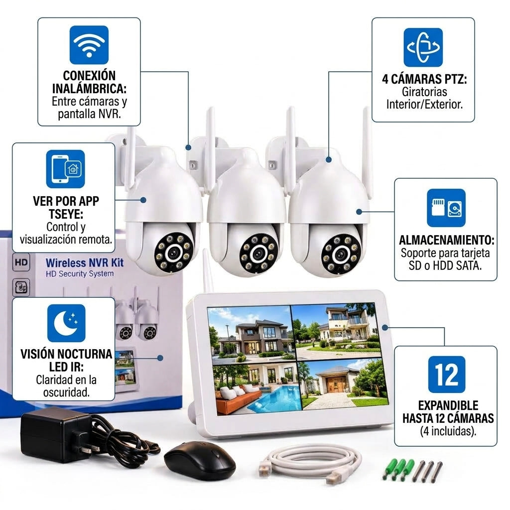 Kit Cámaras NVR 4 Cámaras Inalámbricas PTZ Con Pantalla Y App
