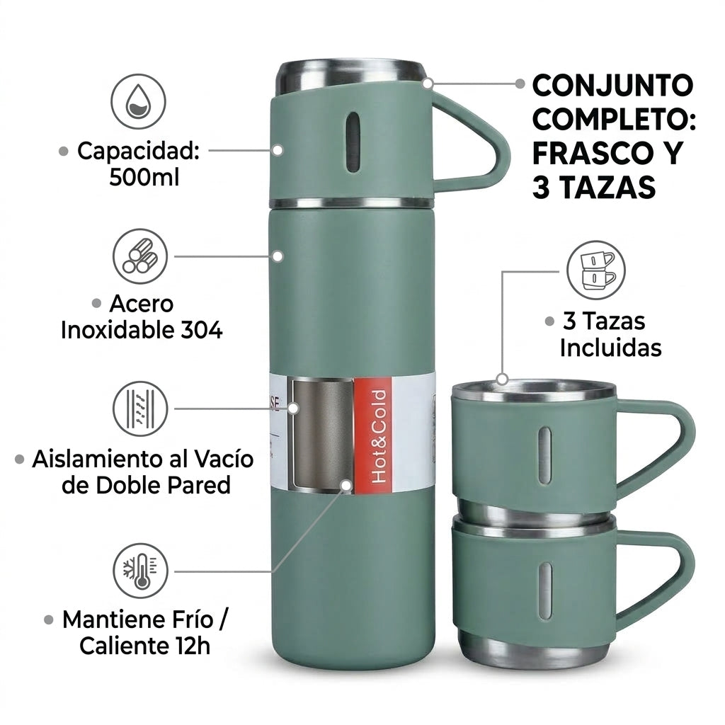 Termo Vacum Verde 500 ml + 3 Tazas