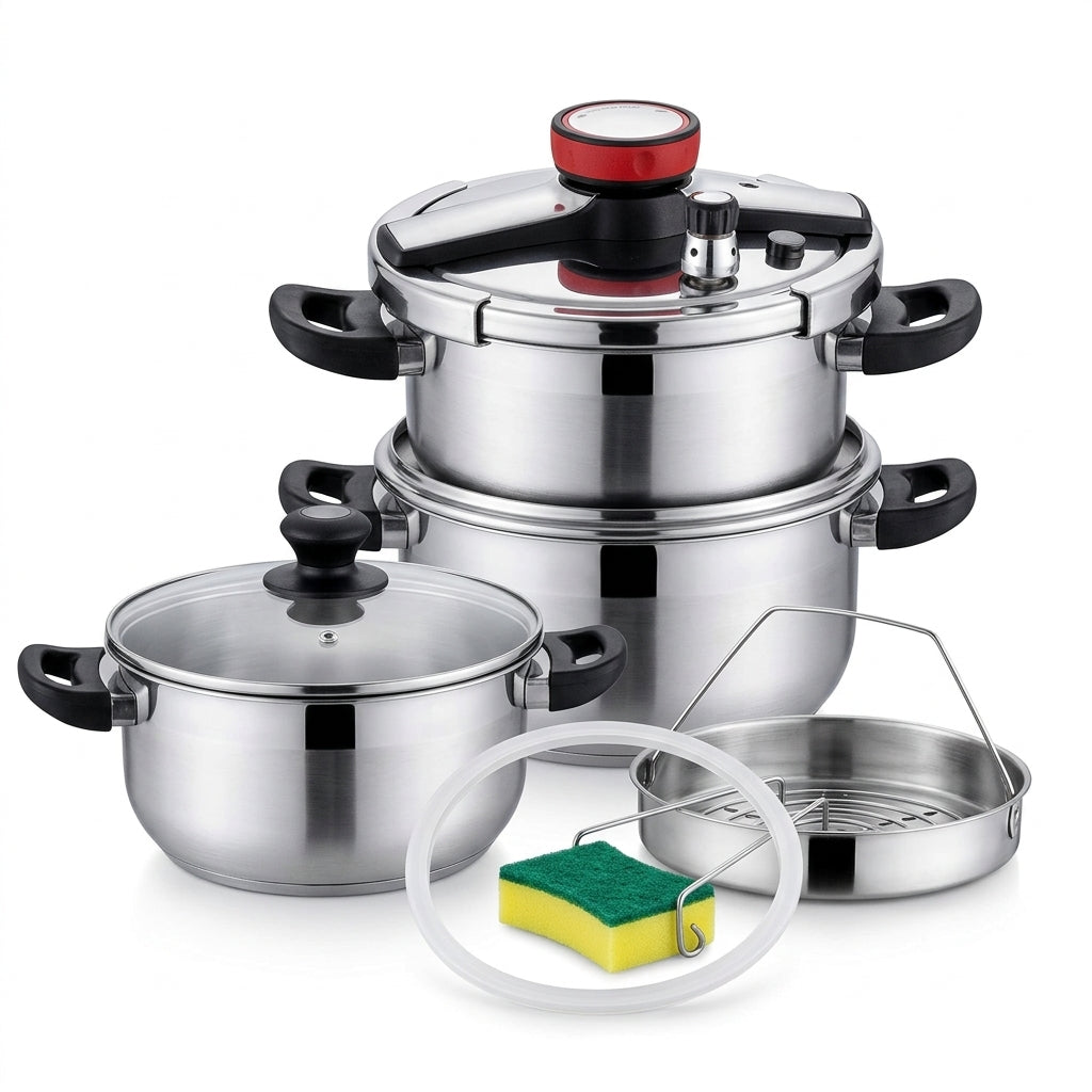 Set Olla A Presión Keha 5 Y 7 Litros Acero Inoxidable 8 Pzs