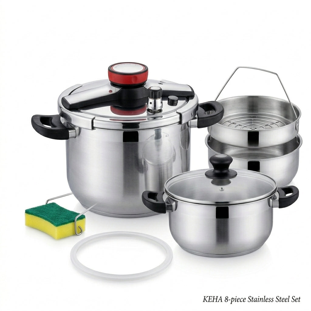 Set Olla A Presión Keha 5 Y 7 Litros Acero Inoxidable 8 Pzs