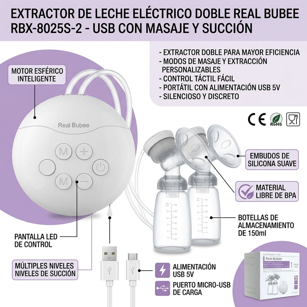 Extractor De Leche Eléctrico Doble Real Bubee RBX-8025S-2 – USB Con Masaje Y Succión