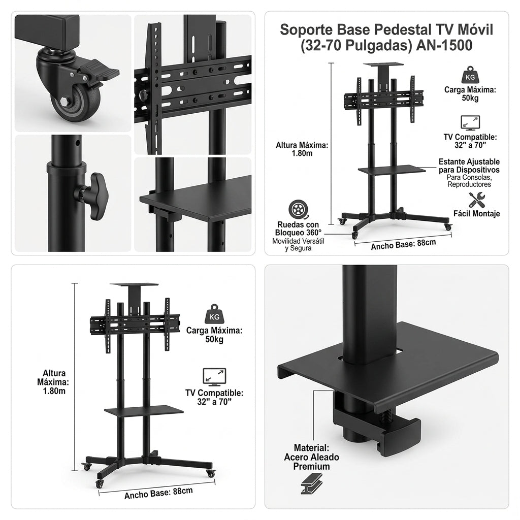 Soporte Base Pedestal Tv 32 70 Móvil Ruedas Ajustable 50k Color Negro