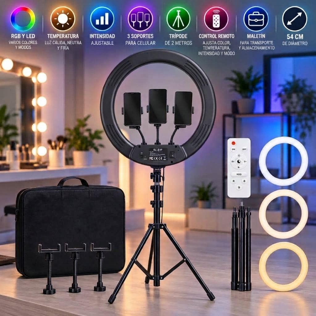 Aro De Luz RL-21P 54 Cm RGB Con Trípode Y 3 Soportes