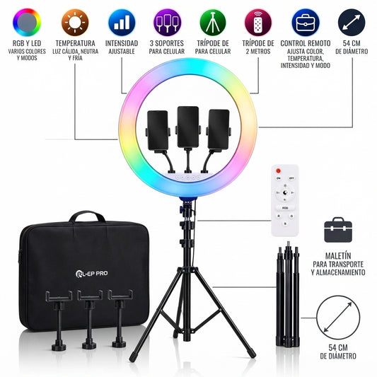 Aro De Luz RL-21P 54 Cm RGB Con Trípode Y 3 Soportes