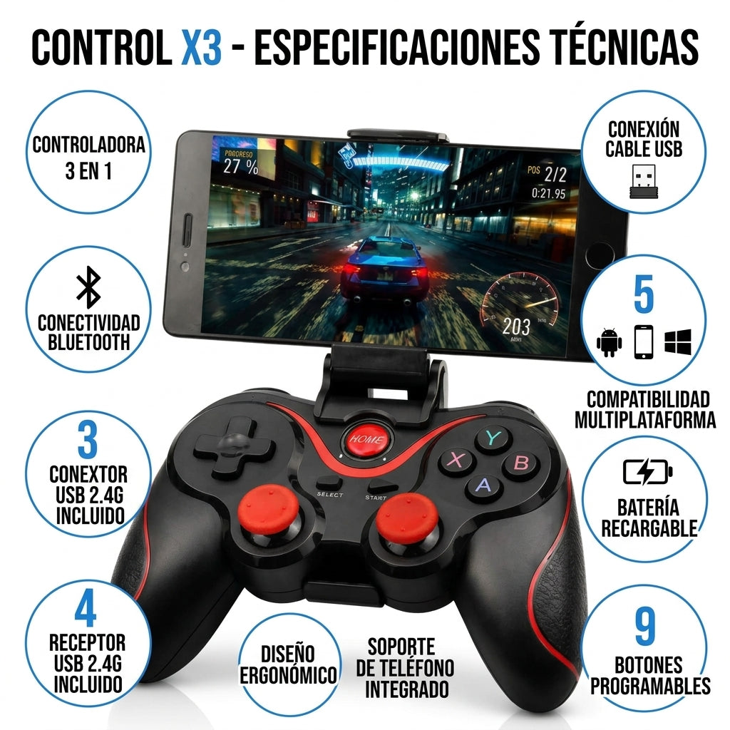 Control Gamer X3 3 En 1 Con Receptor USB