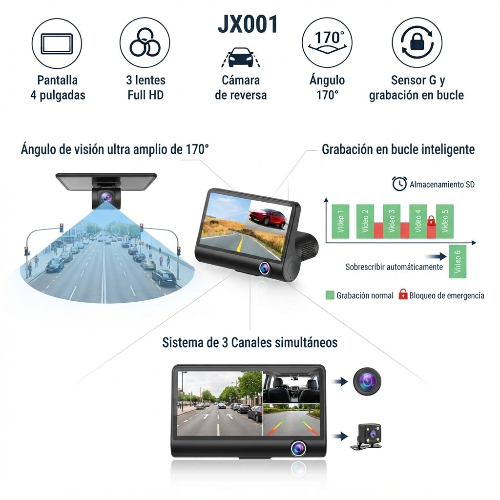 Cámara DVR Carro 3 En 1 JX001 Full HD Sensor G