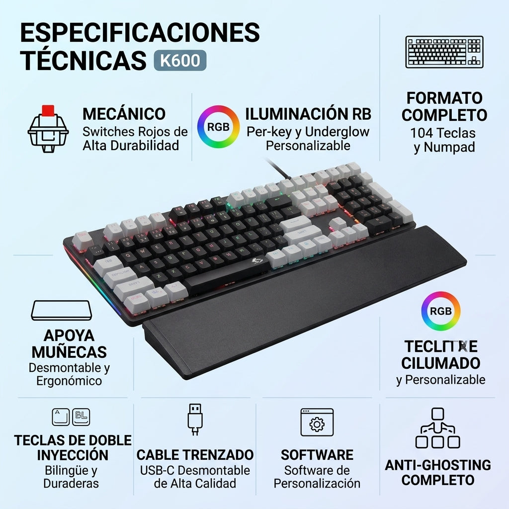 Teclado Gamer Mecánico K600 Con Apoya Muñecas