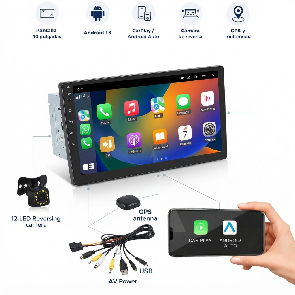 Pantalla Android Carplay Radio 10" Para Auto + GPS + Cámara Reversa