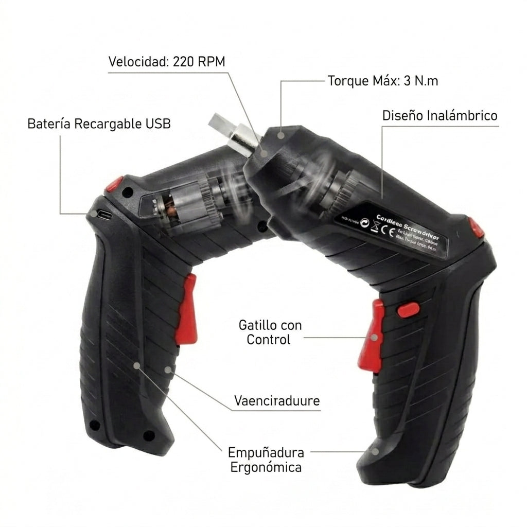 Destornillador Inalámbrico con Accesorios – Recargable y Reversible