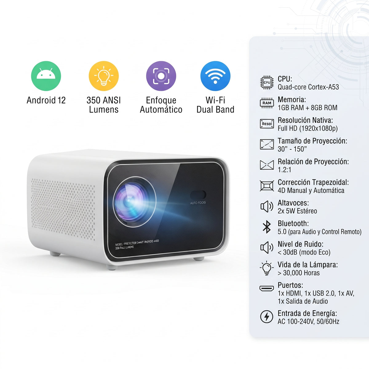 Proyector Smart Android A400 350 ANSI Lumens Con Enfoque Automático Y Netflix
