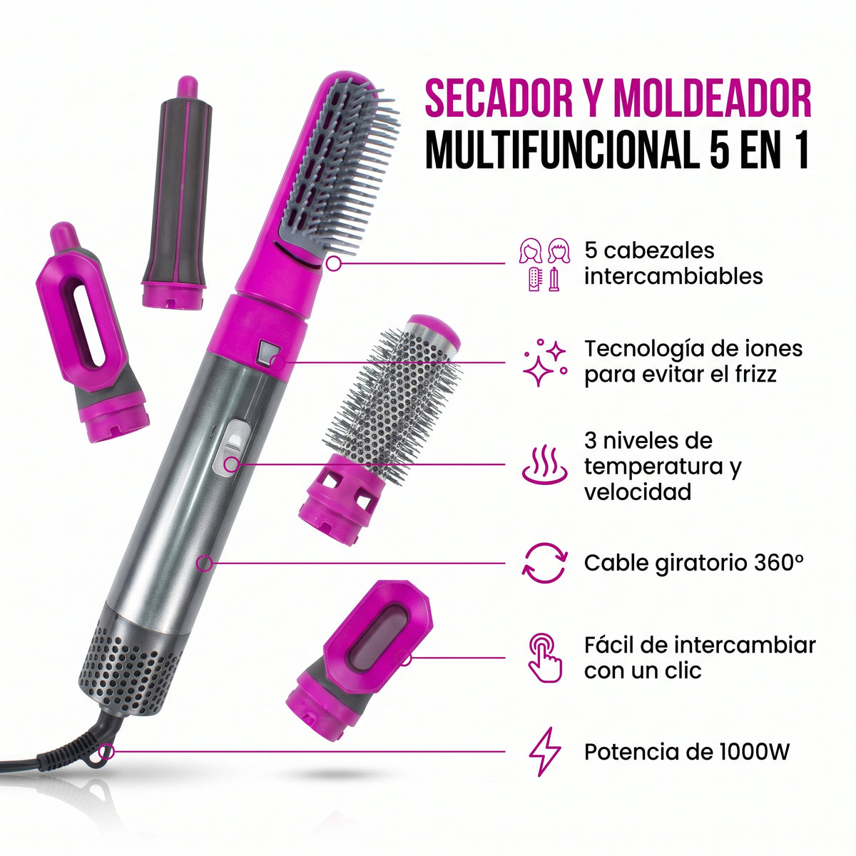 Secador Moldeador De Cabello 5 En 1 Con Accesorios Intercambiables