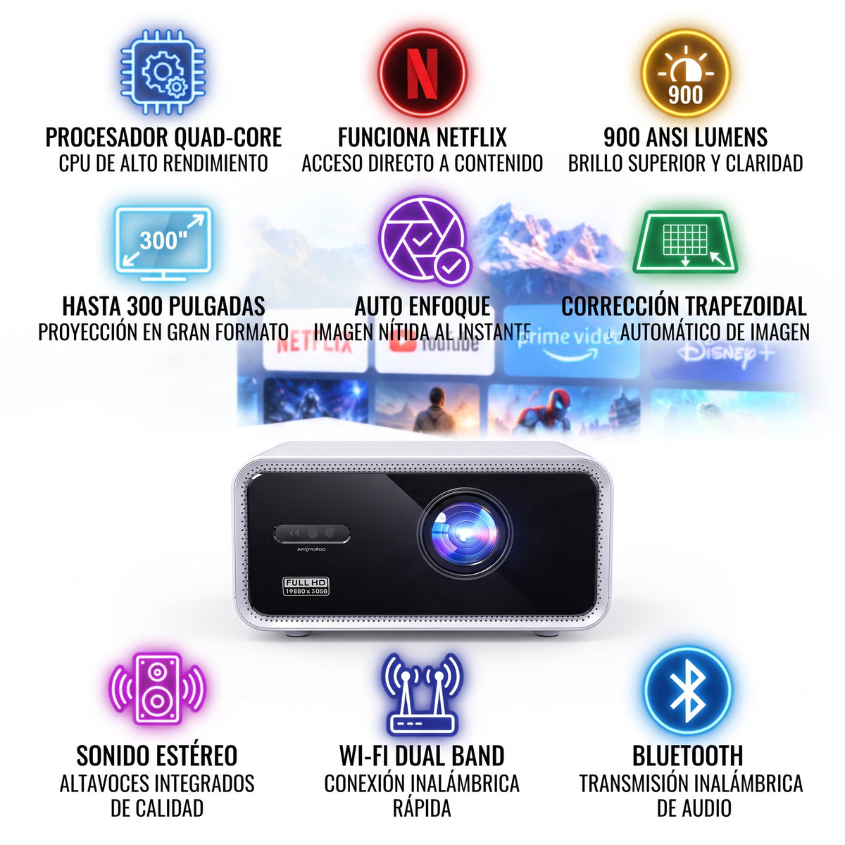 Proyector Smart Android A900 Full HD 1080P 900 ANSI Lúmenes Con Autoenfoque