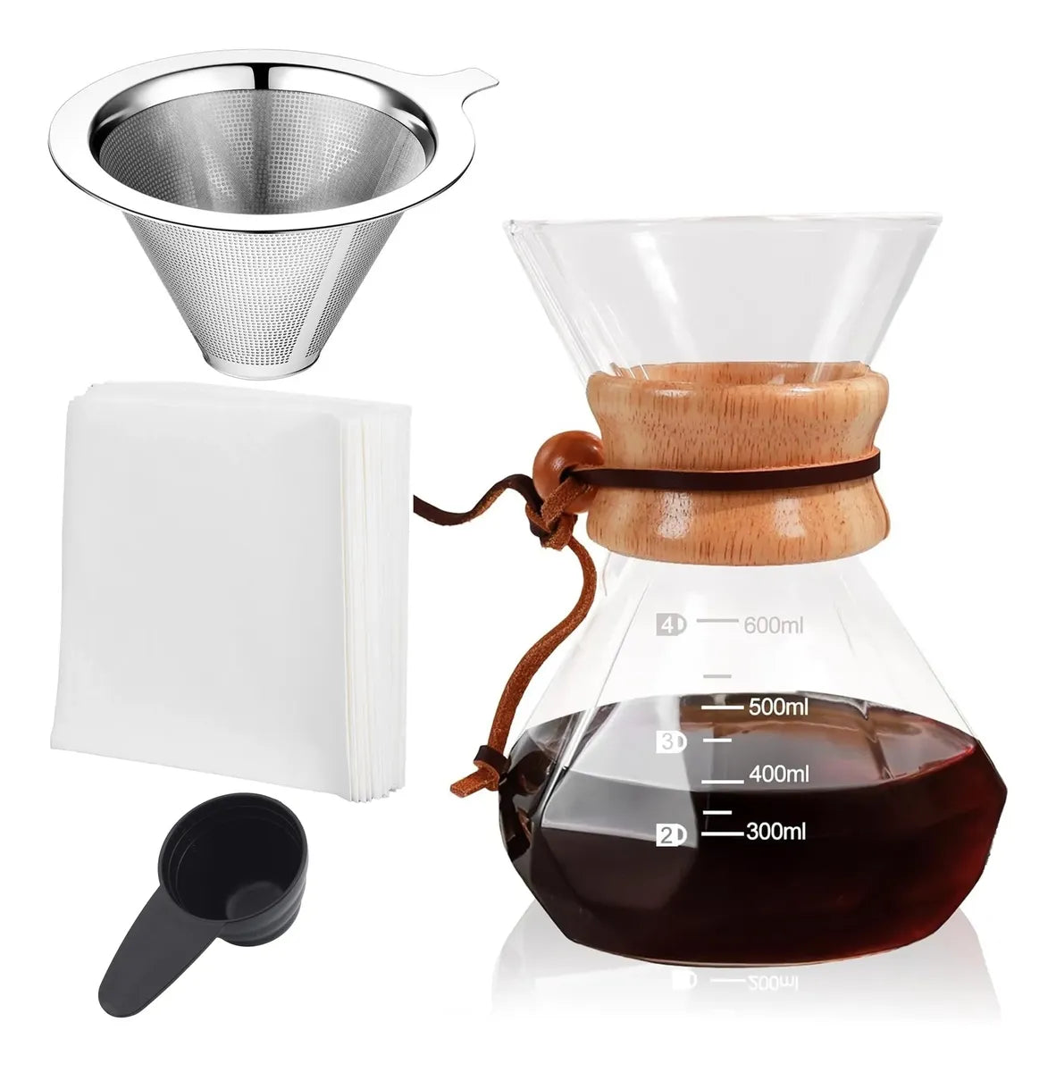 Combo Kit Chemex 600 Ml + Filtros De Papel + Filtro Acero