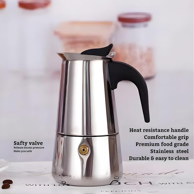 Cafetera Moka de Acero Inoxidable para Expresó, Cafetera Moka para Estufa,