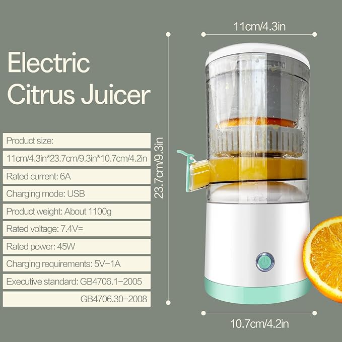 Exprimidor Eléctrico Recargable - Exprimidor de Cítricos con Tipo-c Recargable para Jugo de Naranja, Limón y Pomelo. (Blanco-45W)