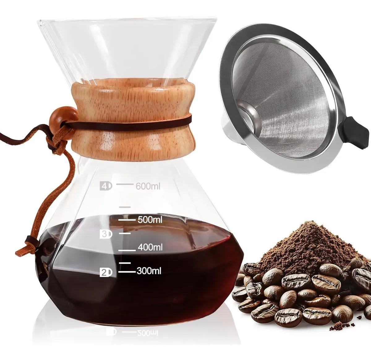 Combo Kit Chemex 600 Ml + Filtros De Papel + Filtro Acero