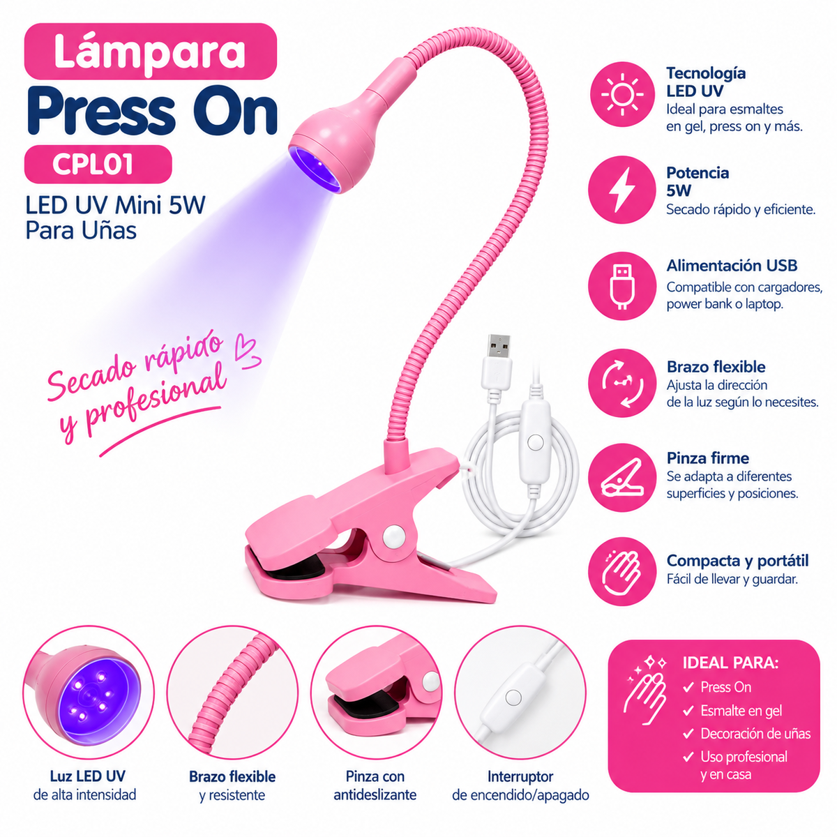 Lámpara Press On CPL01 LED UV Mini 5W Para Uñas